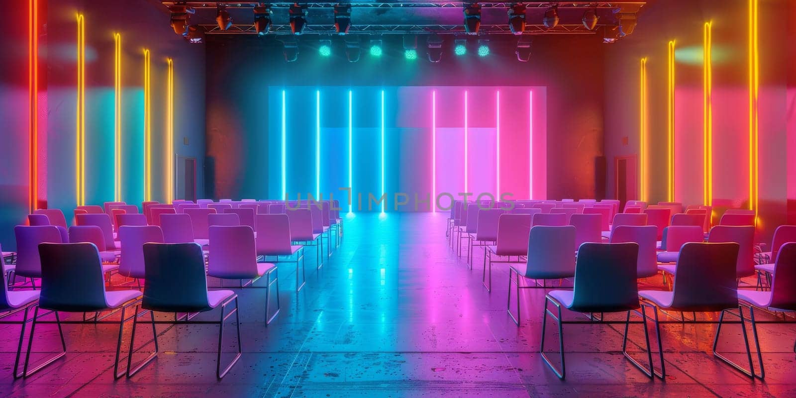 Abstract empty colorful neon room with a chairs