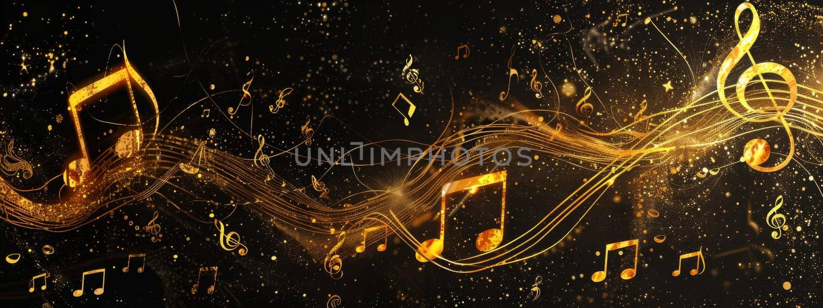 Abstract gold musical notes on the dark black background by Kadula