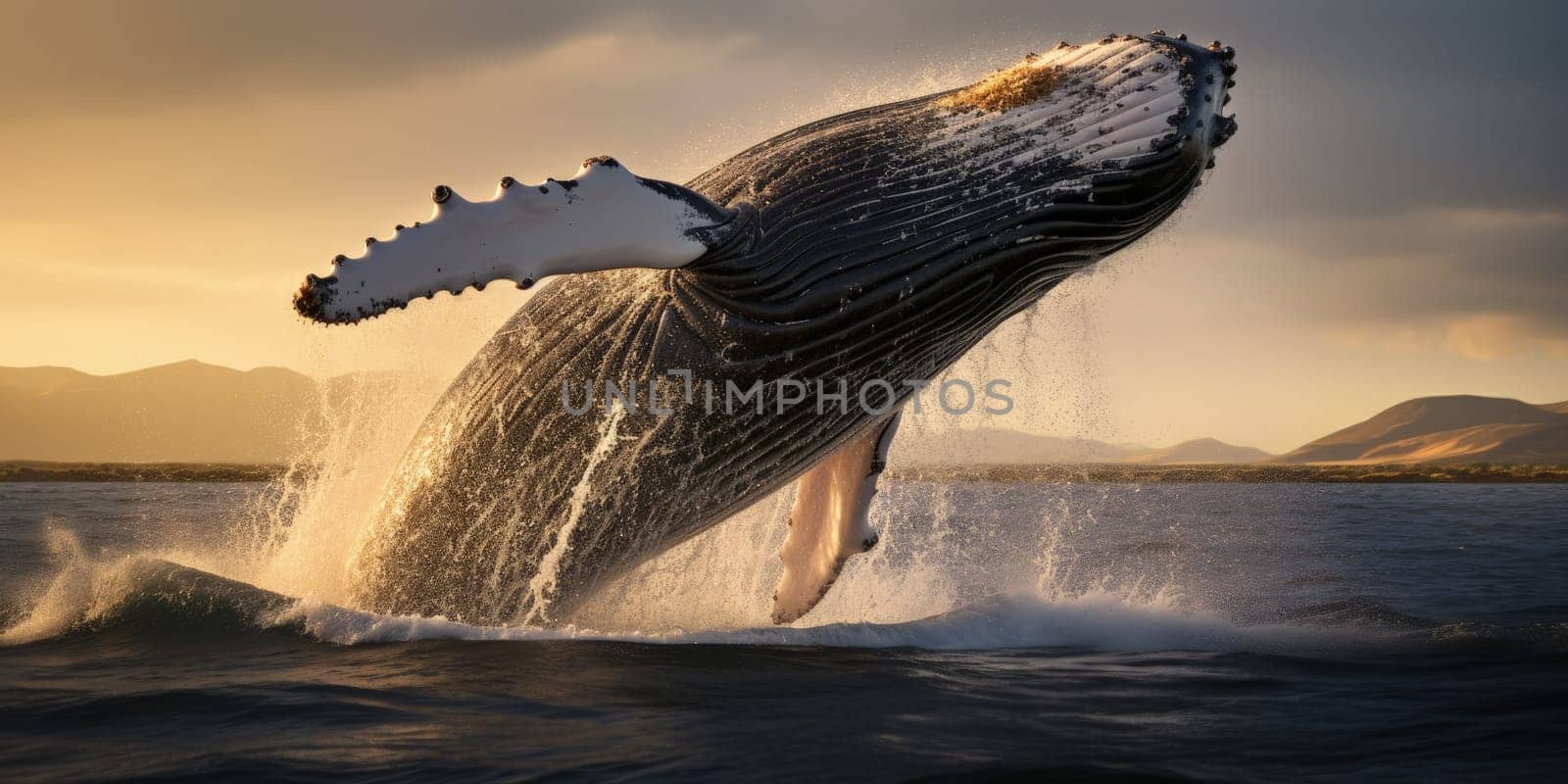 A majestic whale leaping a gracefully out of the water, sunlight glistening on its wet skin, capturing the sheer power and beauty of the ocean giant by Kadula