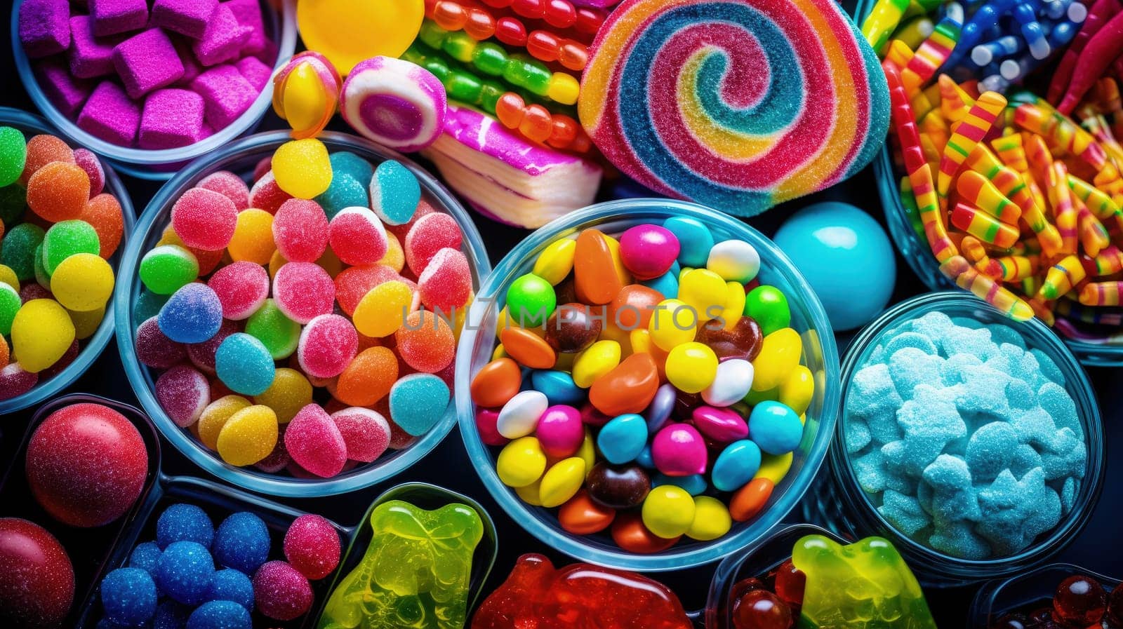 An assortment of candies, with pop art colors intensifying the vibrancy of a sweets by Kadula
