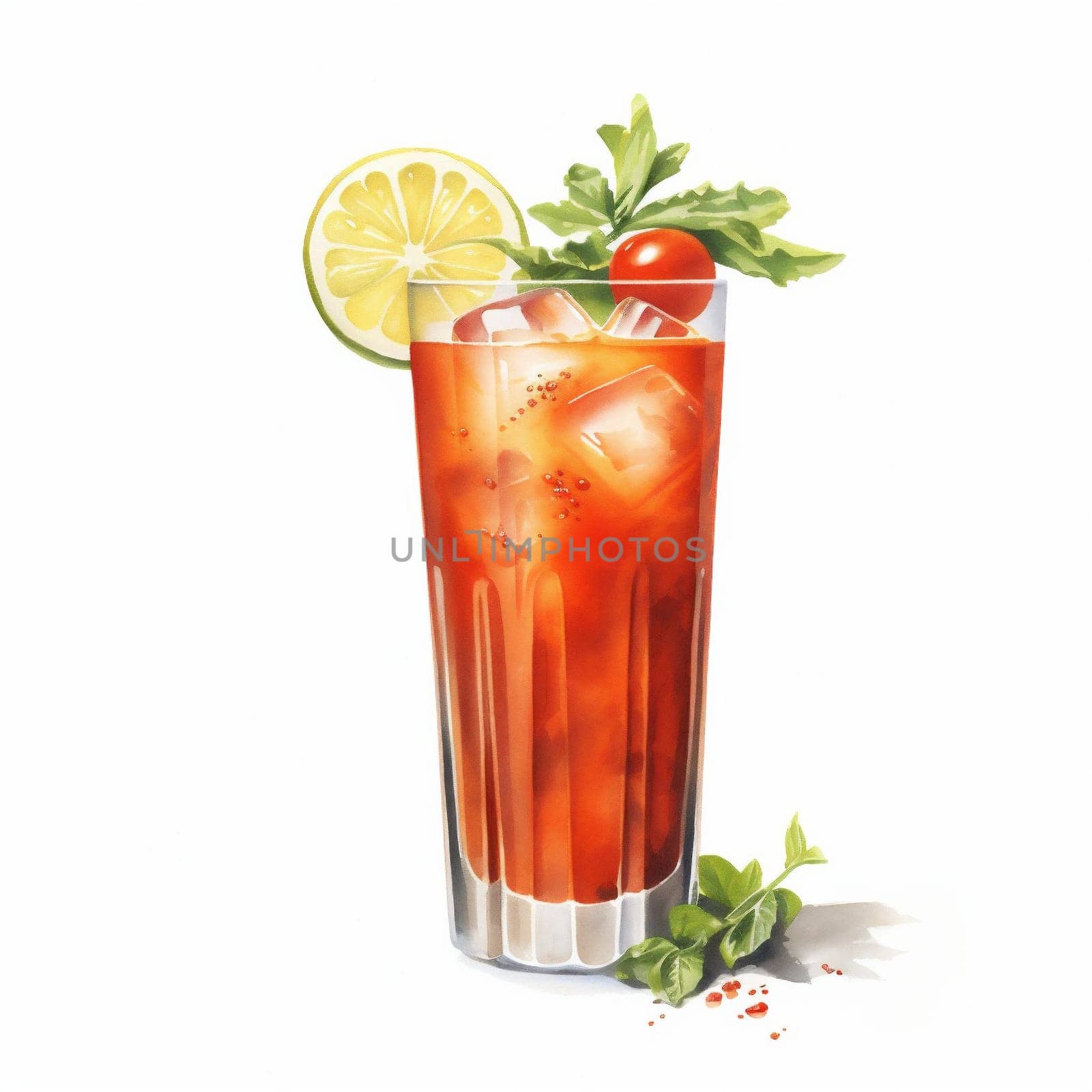 Cocktail Bloody Mary with Cherry Tomatoes and Celery Leaves. Hand Drawn Bloody Mary Sketch on White Background.