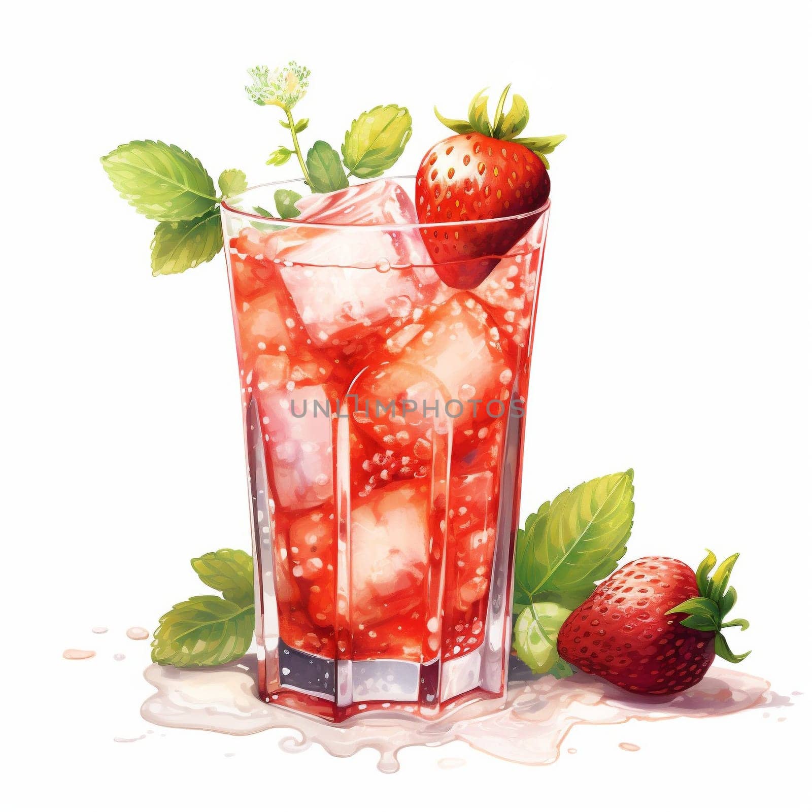 Cocktail Day with Strawberry, Ice and Mint Leaves. Hand Drawn Coctail Day with Berries Sketch on White Background.