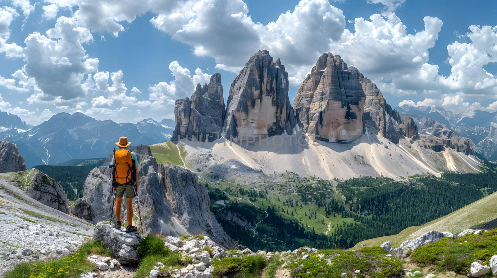 A traveler with an orange backpack is admiring the breathtaking natural landscape, standing on a rocky terrain at the summit of a mountain with fluffy cumulus clouds in the sky