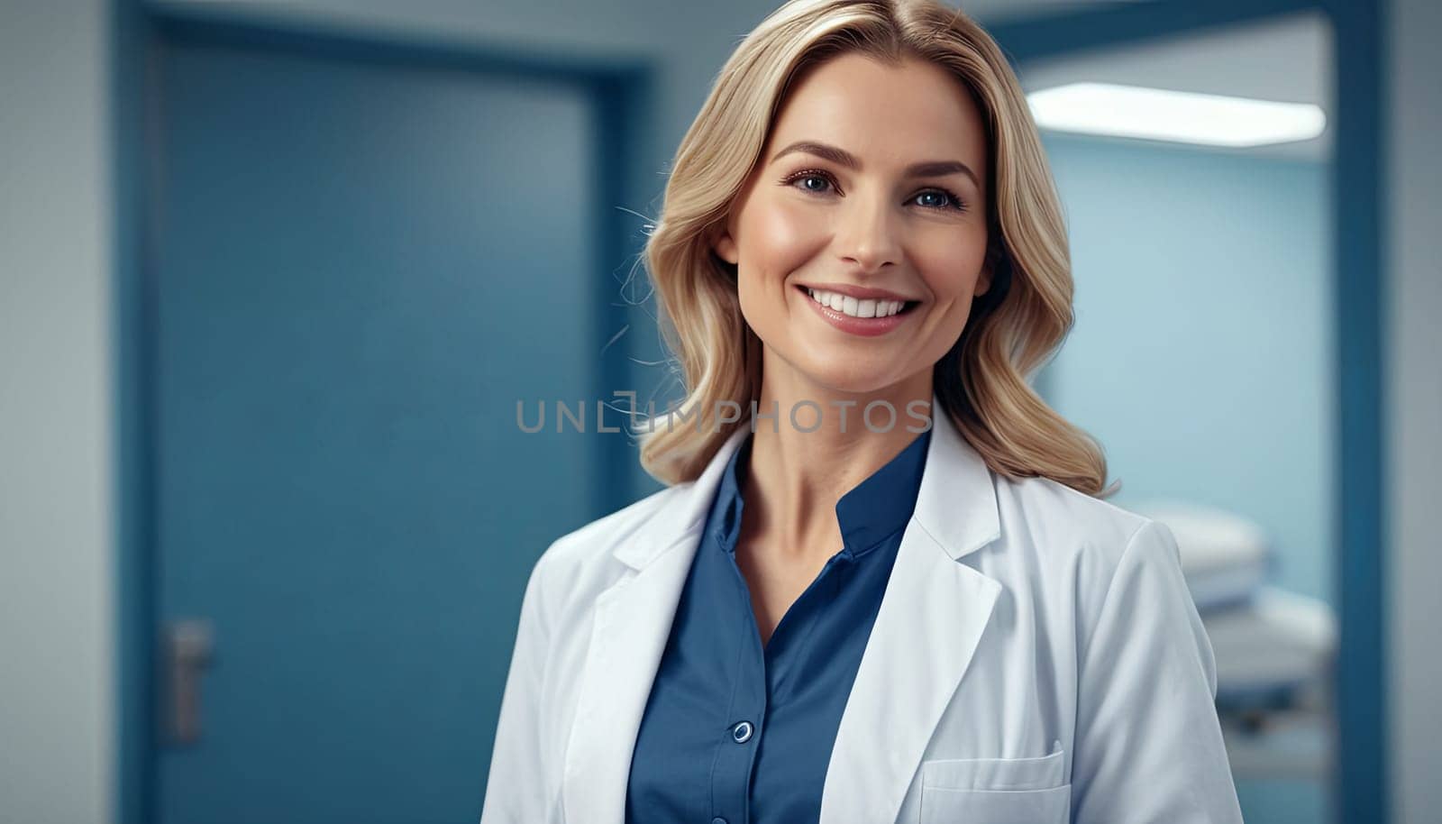 Happy female doctor poses indoors. Captured during daytime, highlights professionalism in healthcare