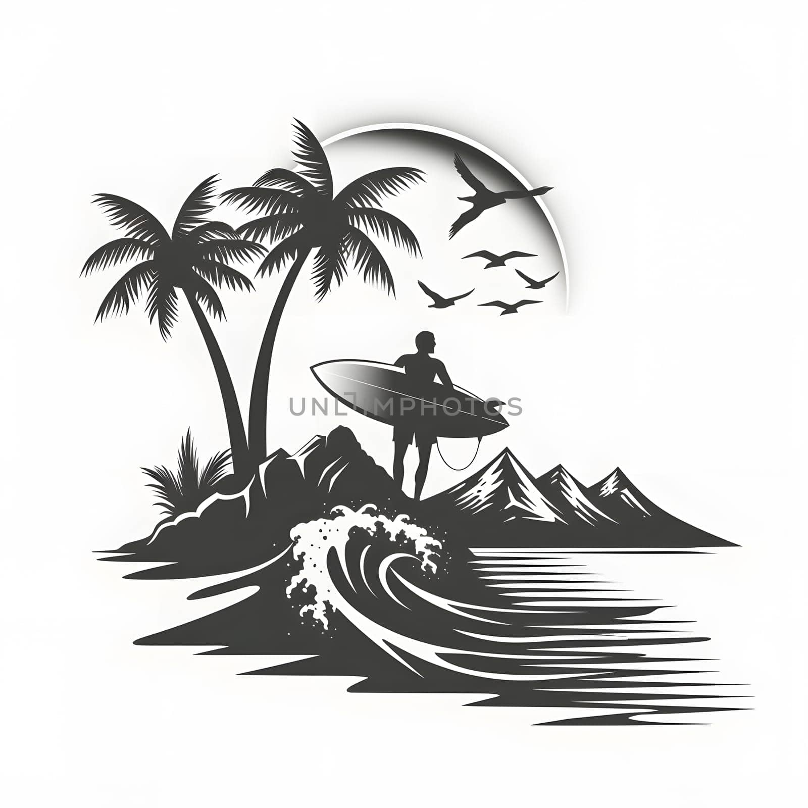 A surfer is standing on a rocky shore, holding a surfboard against a backdrop of palm trees. The scene looks like a monochrome painting in a serene Arecales setting