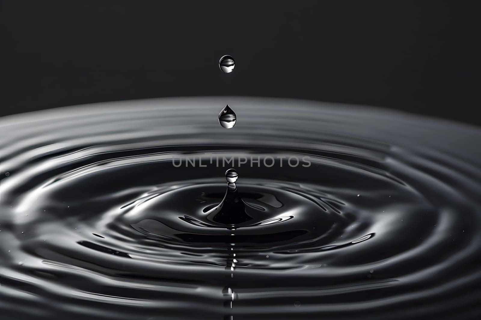 A single drop of water descends onto a dark surface, creating a perfect circle. The monochrome image captures the fluidity and symmetry in a moment of macro photography