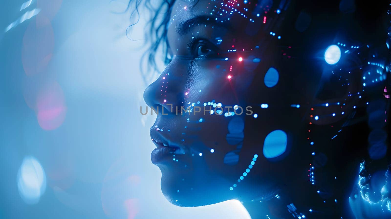 A macro photography shot of a womans face with glowing electric blue lights, creating a mesmerizing and futuristic art piece in the darkness