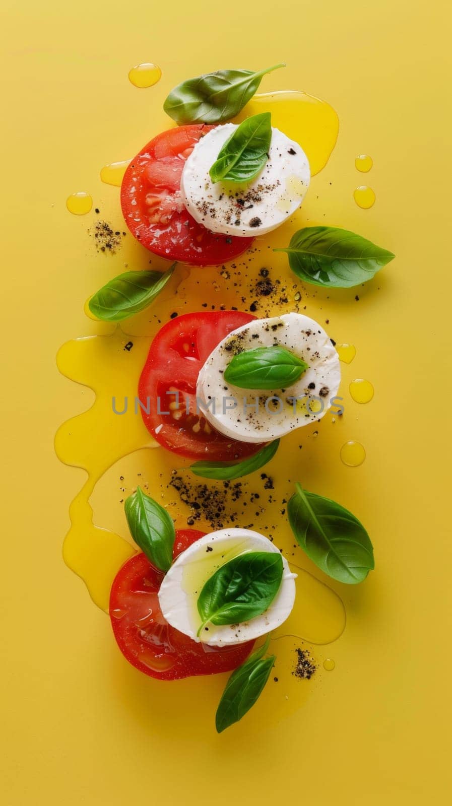 Top view of small portion of caprese salad on yellow background by papatonic