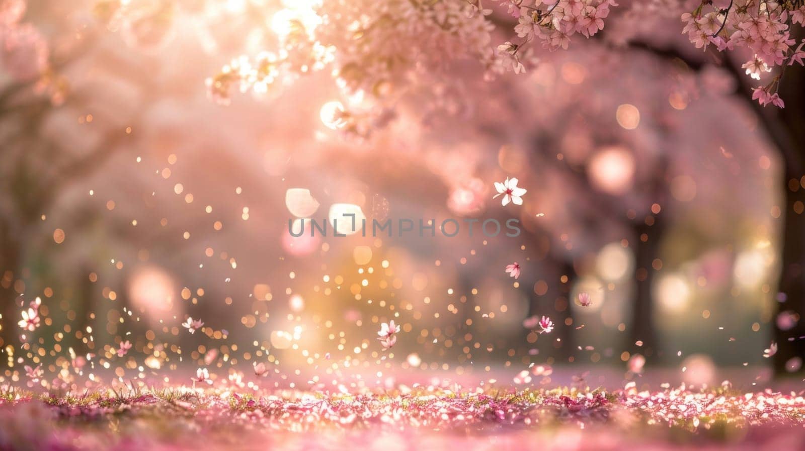 Blurred low angle view background of sakura trees blooming by papatonic