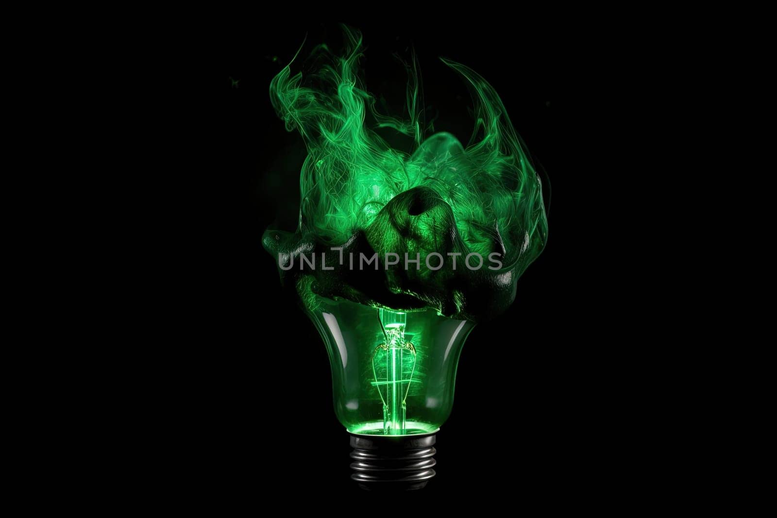 Electric Bulb With Green Smoke Inside On Black Background, Concept Of Ecological Problems by GekaSkr
