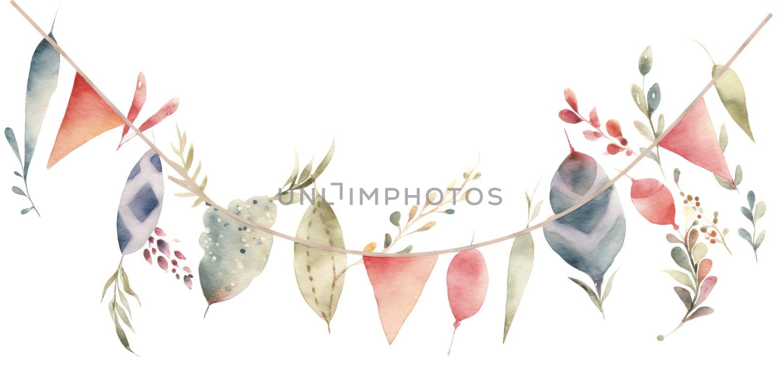 Watercolor Illustration Of Colorful Paper Garlands On A Rope, Isolated On A White Background