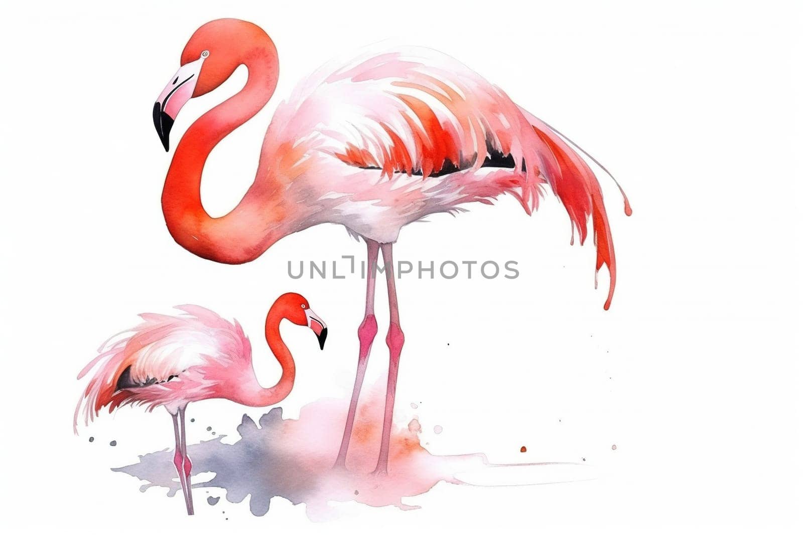 Watercolor Illustration Of Pink Flamingo With A Baby Bird On A White Background by GekaSkr