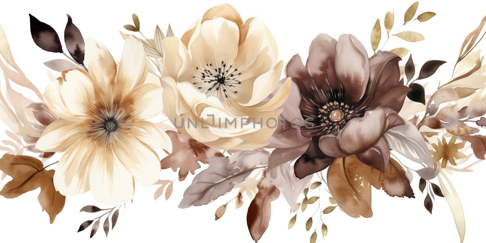 Watercolor Pattern Illustration In Boho Style With Summer Flowers, Isolated On White Background