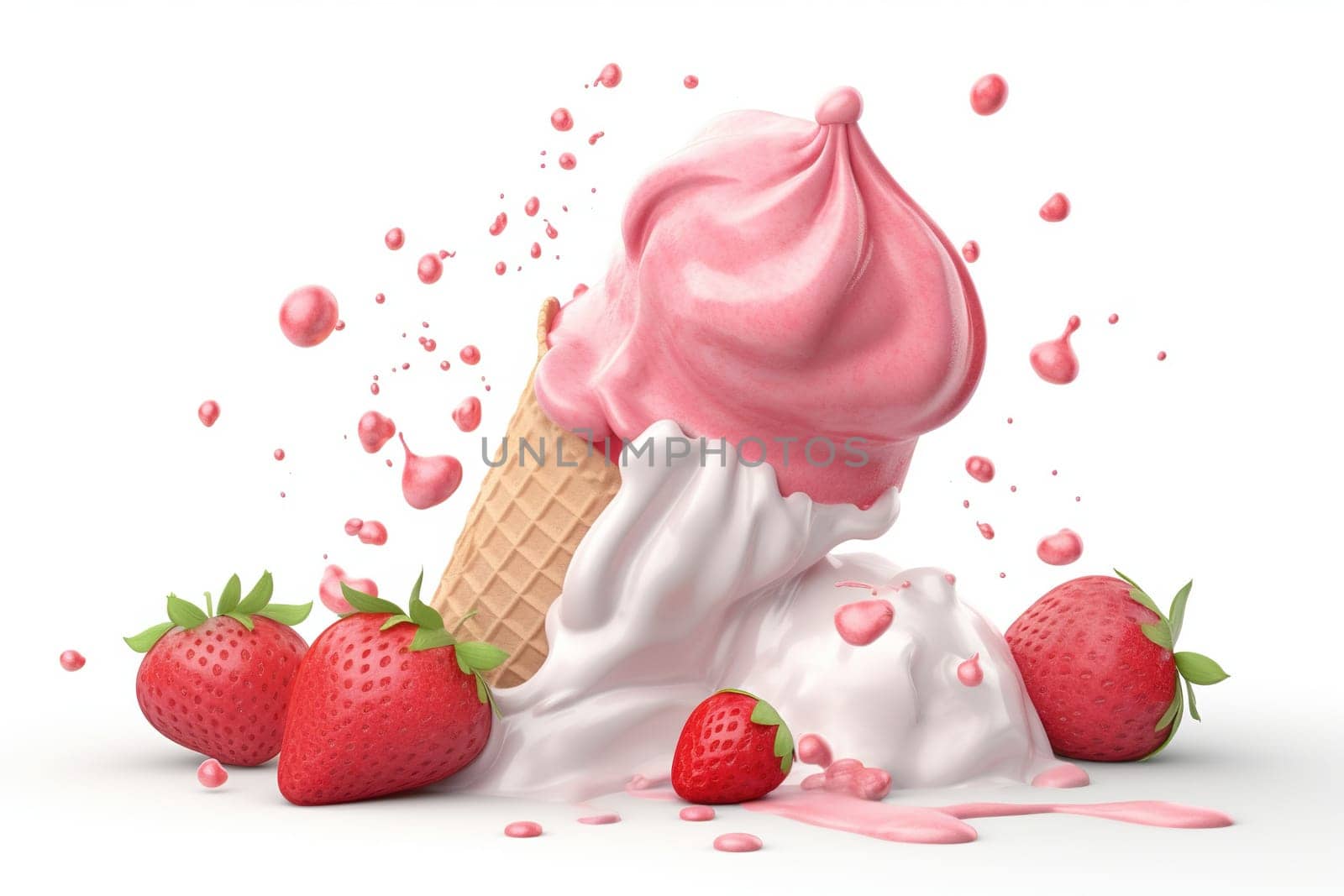 Ice cream with strawberries isolated on a white background, 3d render