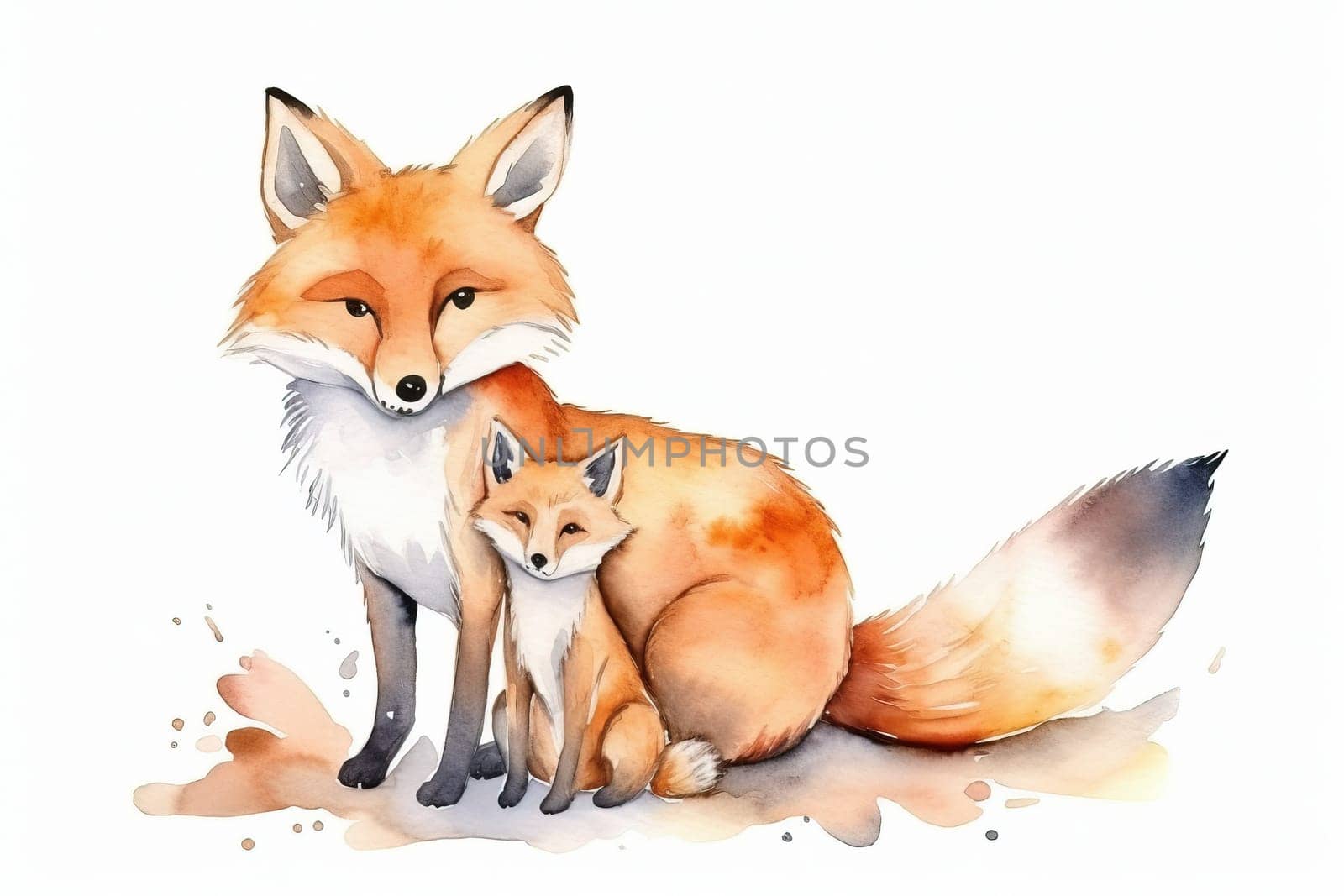 watercolor painting illustration of Wild red fox with cute little cub by GekaSkr