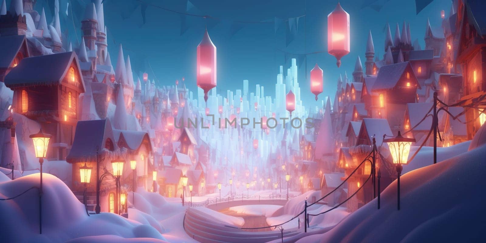 Illuminated Toy Fairy Houses In Snow Make For A Magical Illustration