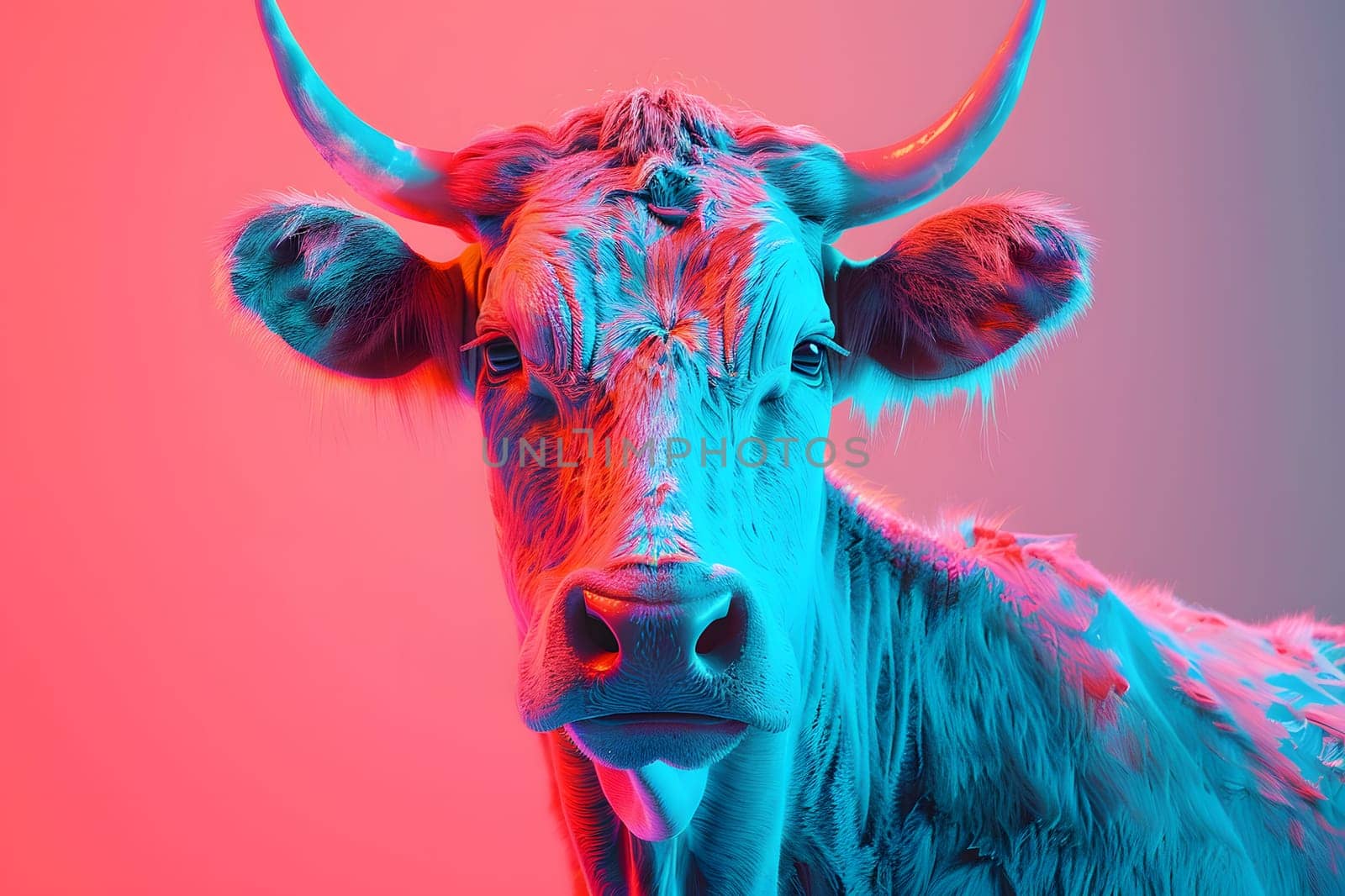 An artistic close up of a bull with horns, snout, and working animal sleeve, set against a vibrant red and blue sky background. An entertaining depiction of a powerful creature