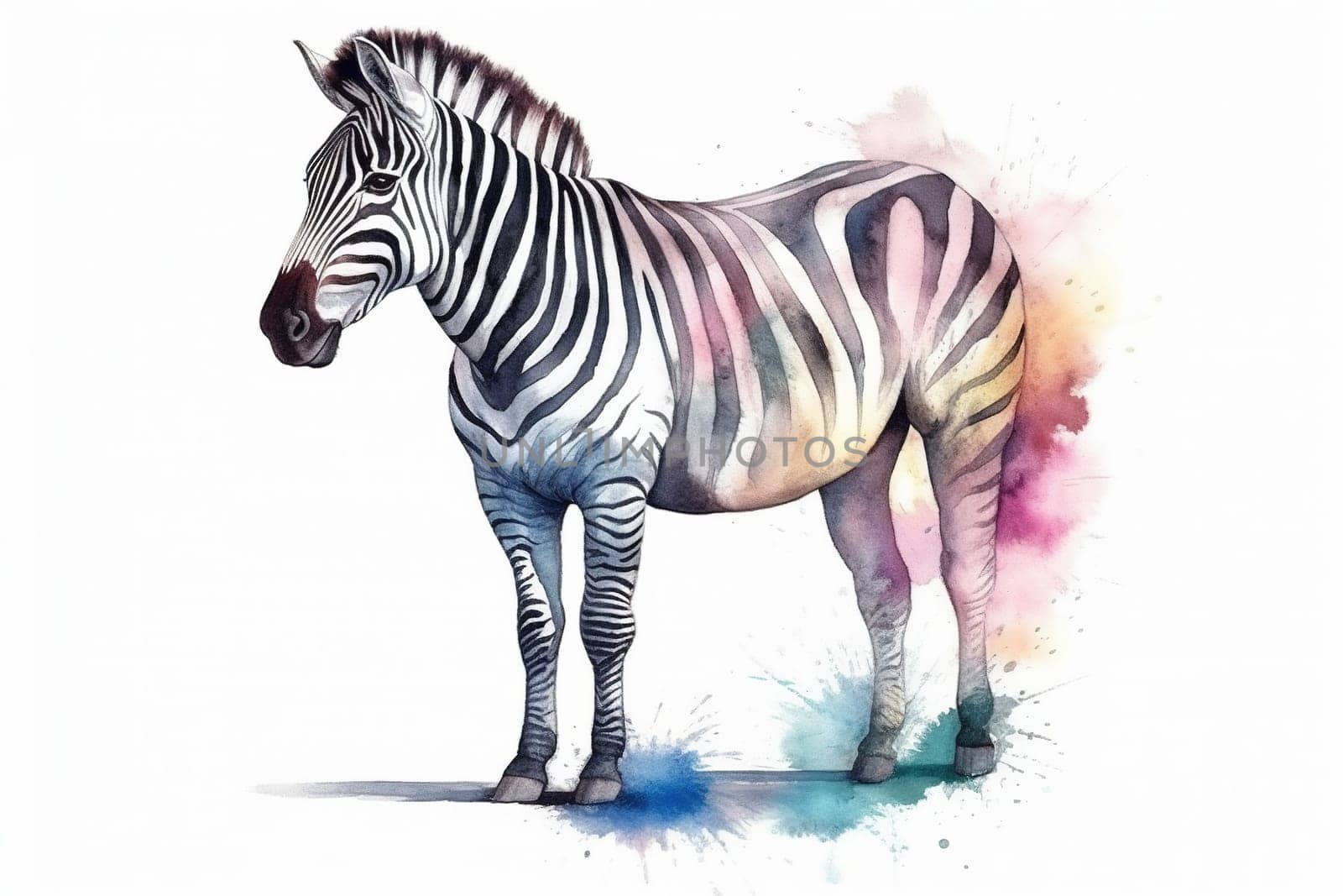 watercolor painting illustration of beautiful Wild zebra isolated on a white background , generative AI