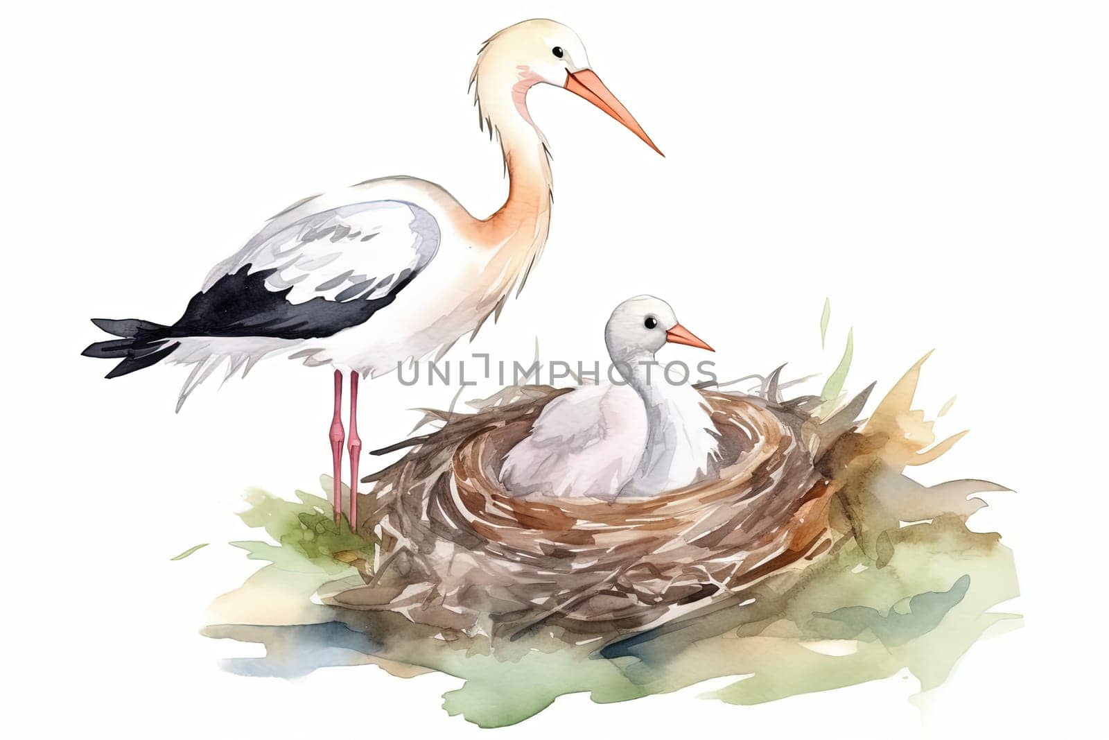 Watercolor Illustration Of Stork With A Little Stork In The Nest by GekaSkr