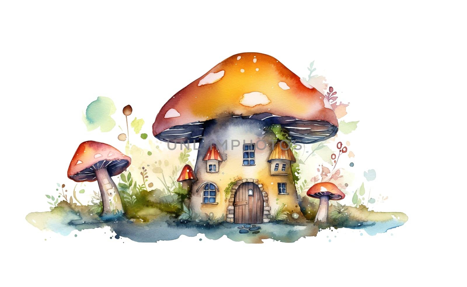 magical fabulous Mushroom House from storytale, watercolor painting , generative AI