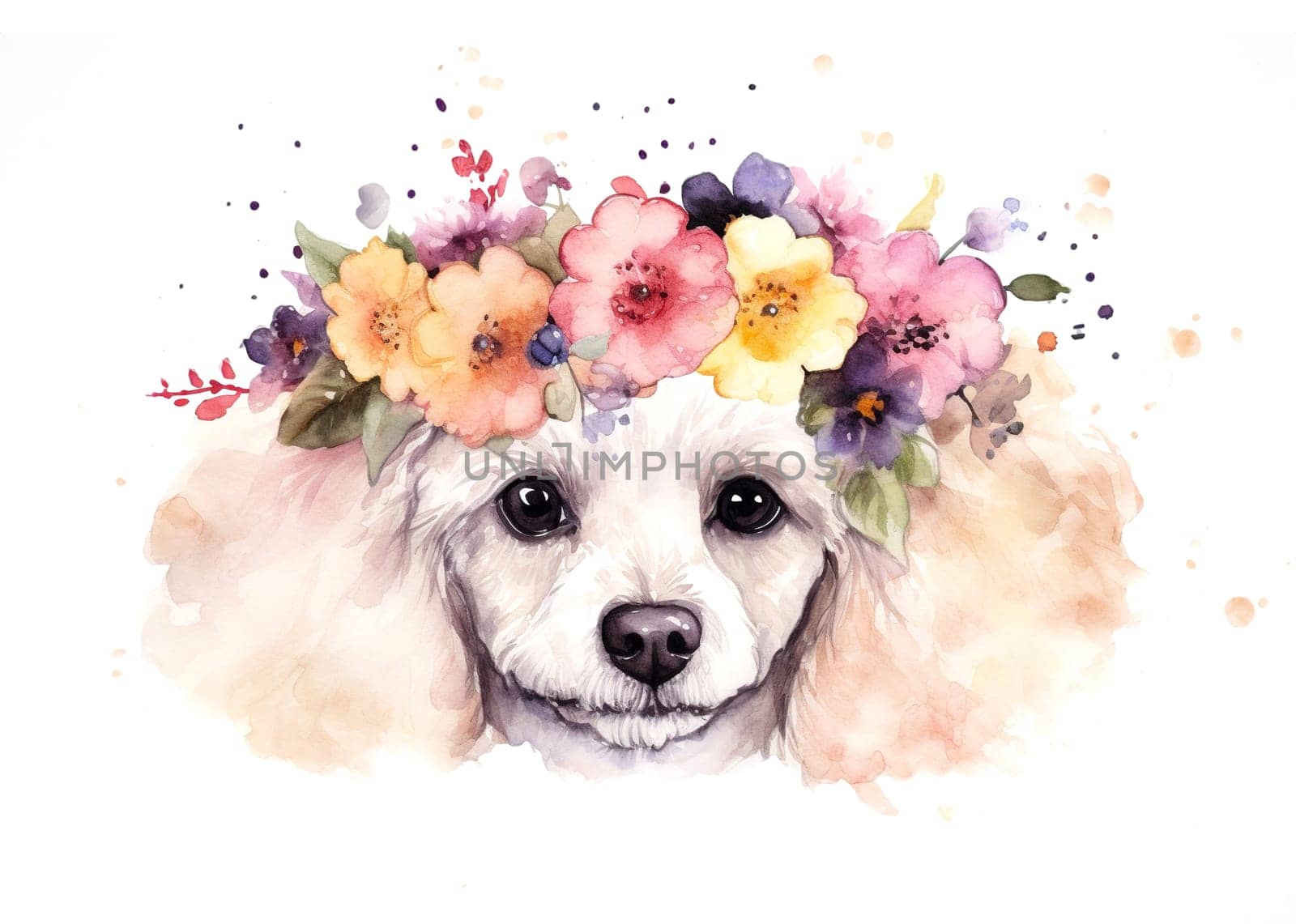 Watercolor illustration of cute poodle flower wreath on the head and splashes of watercolor paint by GekaSkr