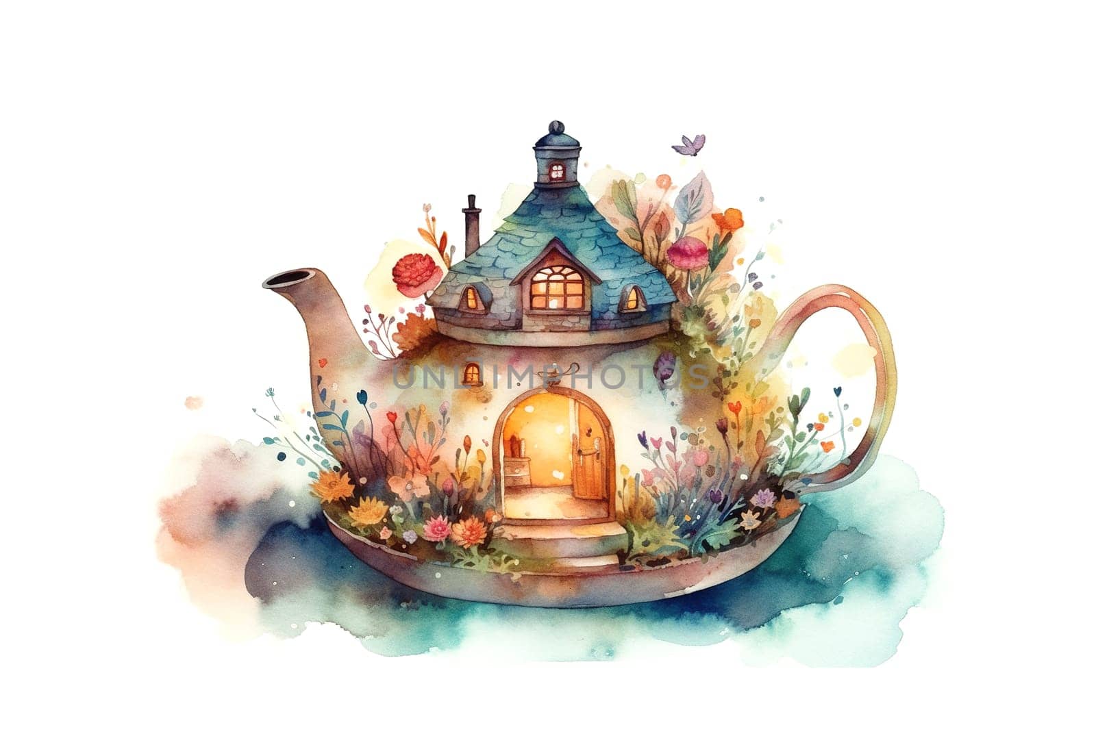watercolor painting of magical fabulous house in fantastic teapot , generative AI