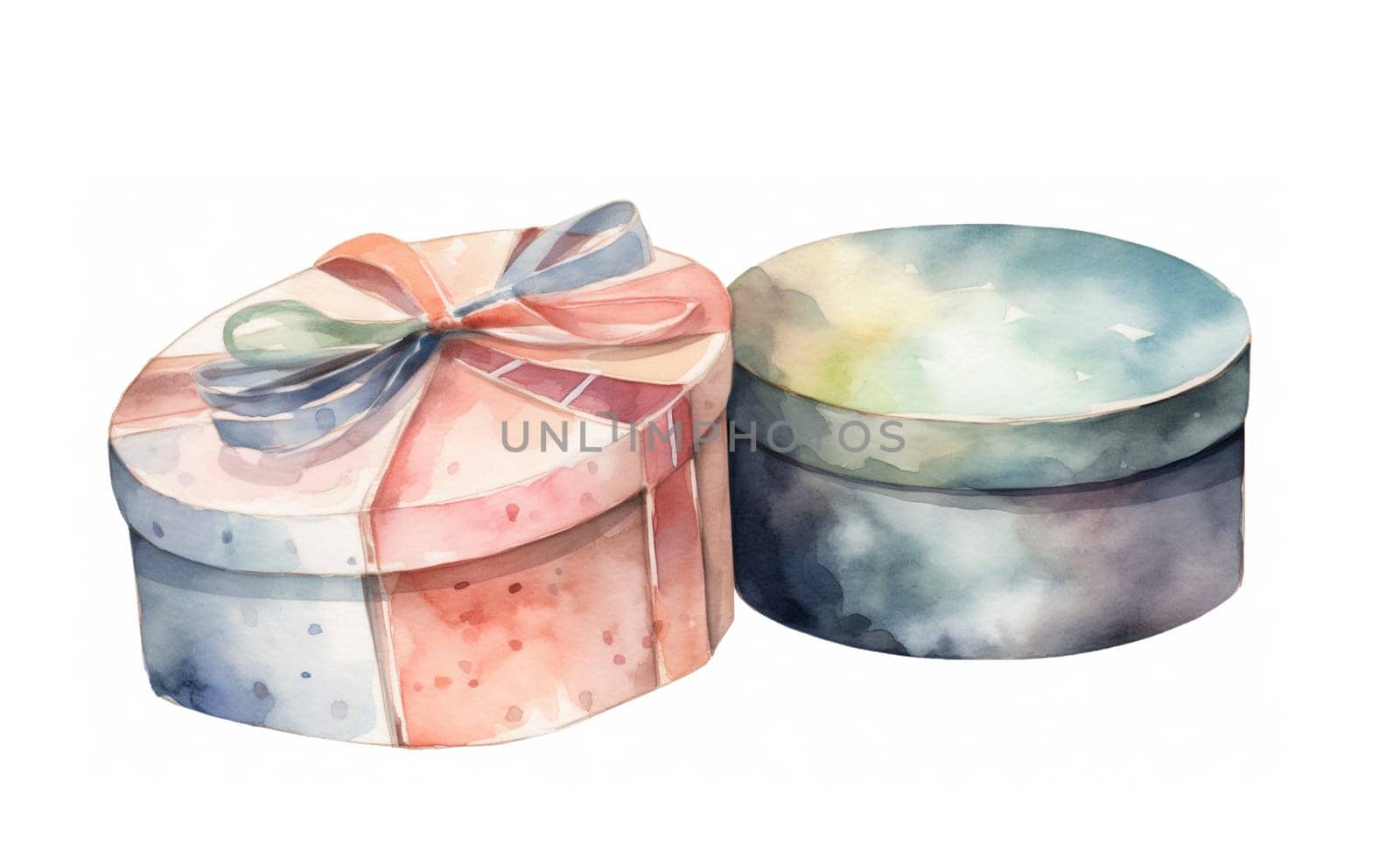 Watercolor Illustration Of Round Birthday Gift Box Tied With Ribbon by GekaSkr
