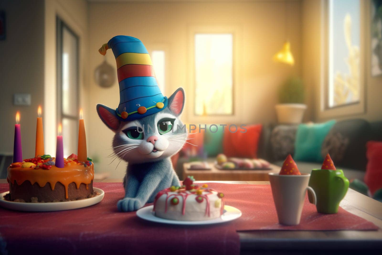 Charming 3D Cartoon Cat, Wearing A Festive Hat, Enjoying Its Birthday by GekaSkr