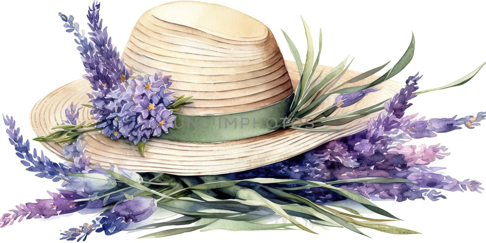 Watercolor Illustration Of Straw Hat With Lavender Banches by GekaSkr