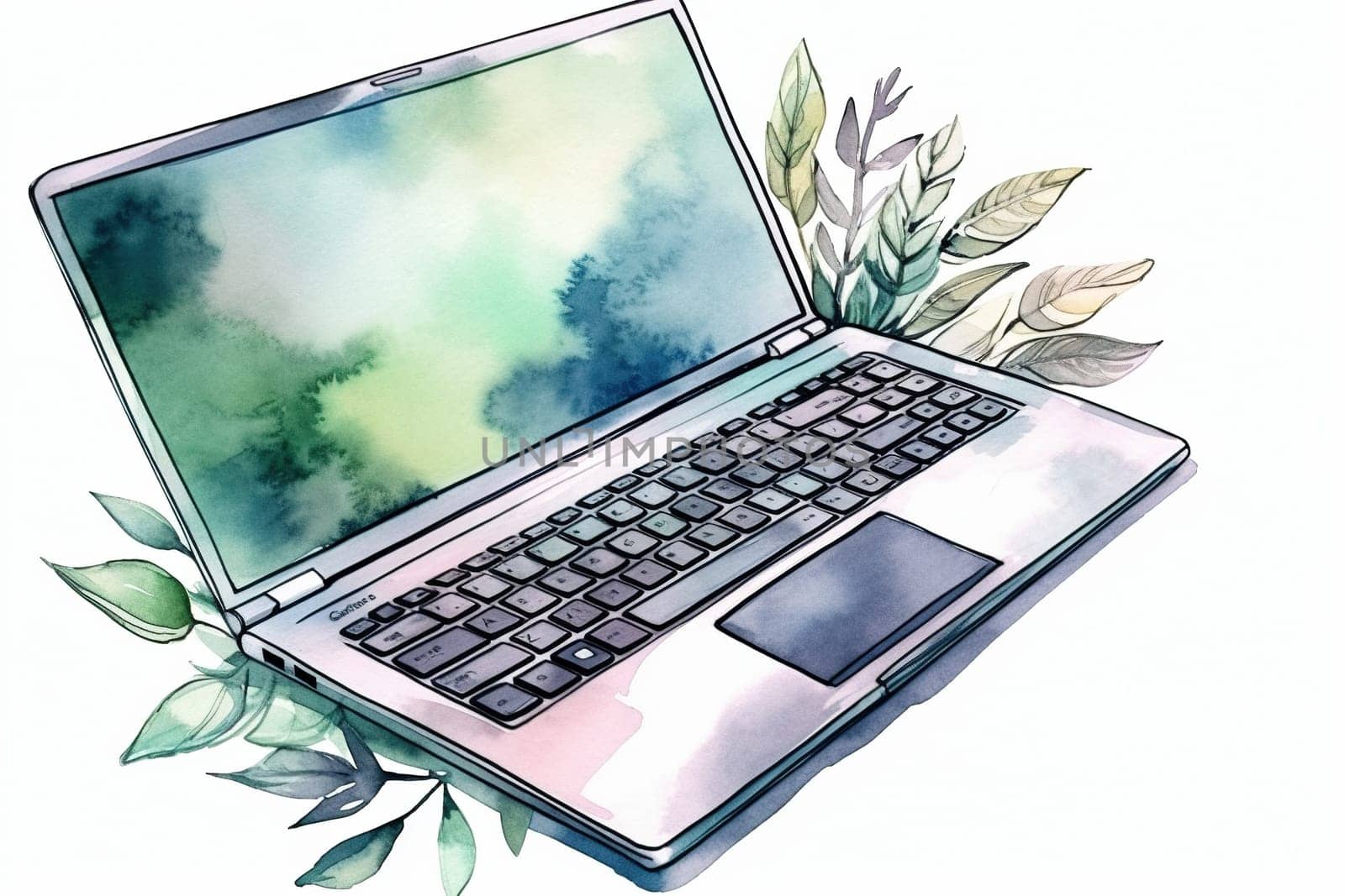 Watercolor Illustration Of Open Laptop With Colorful Screen On A White Backgound by GekaSkr