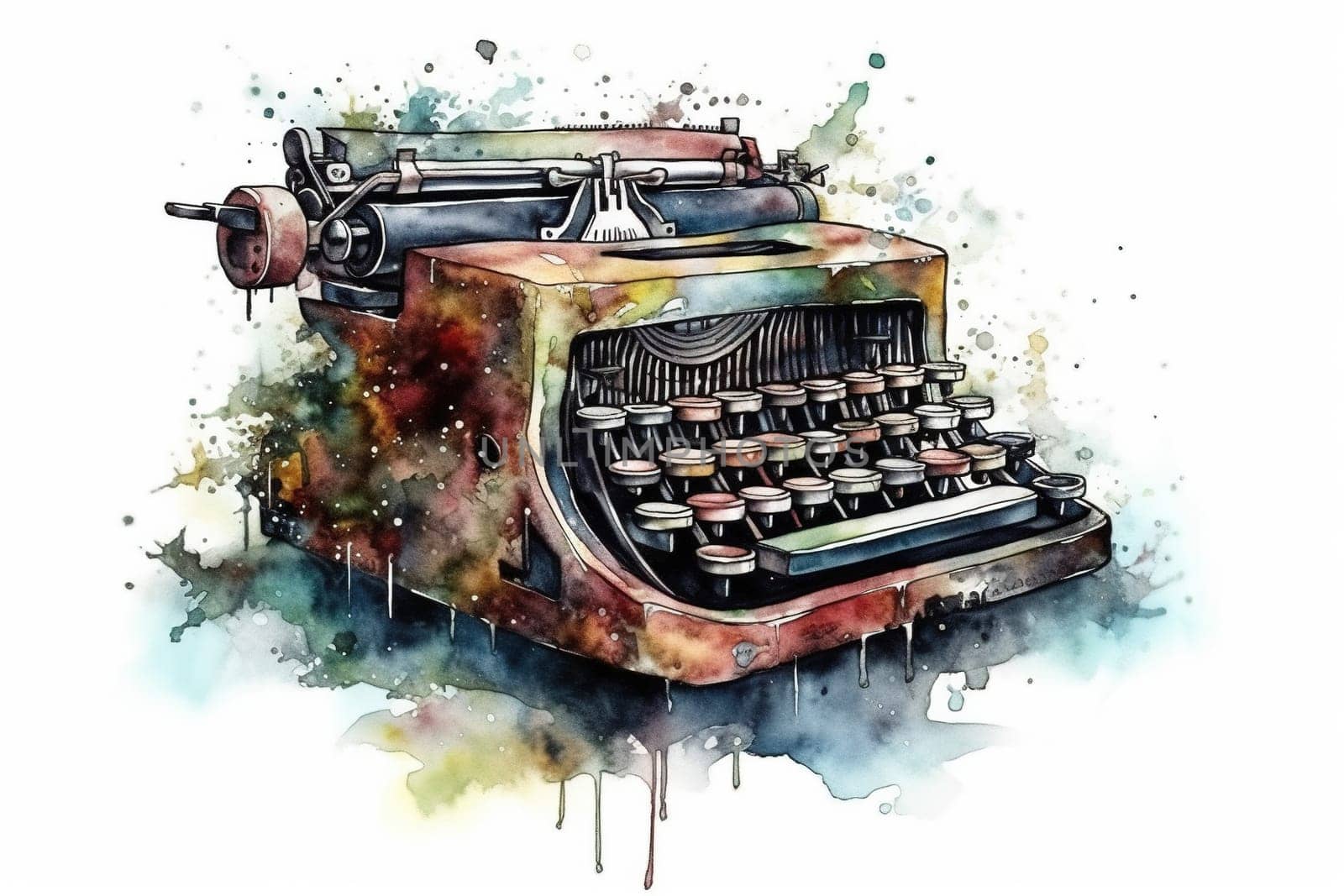 Watercolor Drawing Of A Vintage Typewriter On A White Background