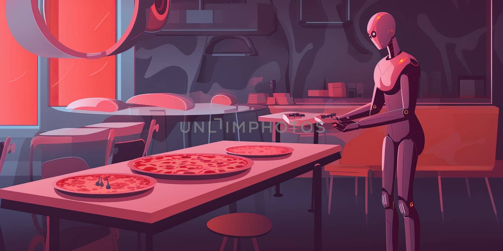 Illustration Of Android Robot With Big Pizzaz In Pizzeria