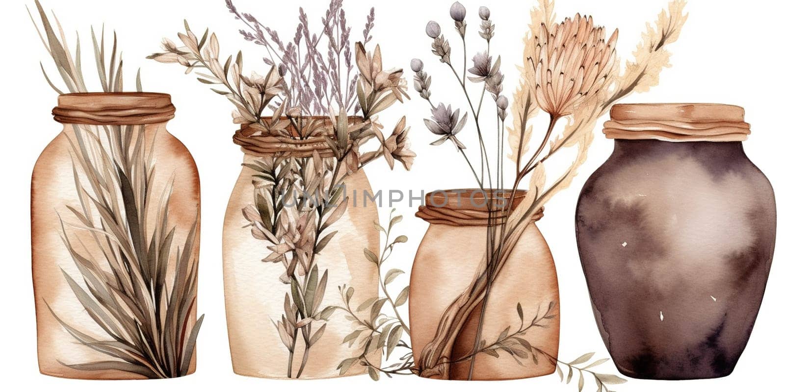 Watercolor Illustration Of Boho Jars With Dry Leaves And Flowers by GekaSkr