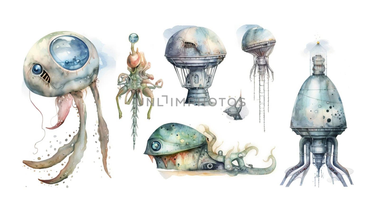 Set Of Watercolor Sea Aliens From Another World by GekaSkr