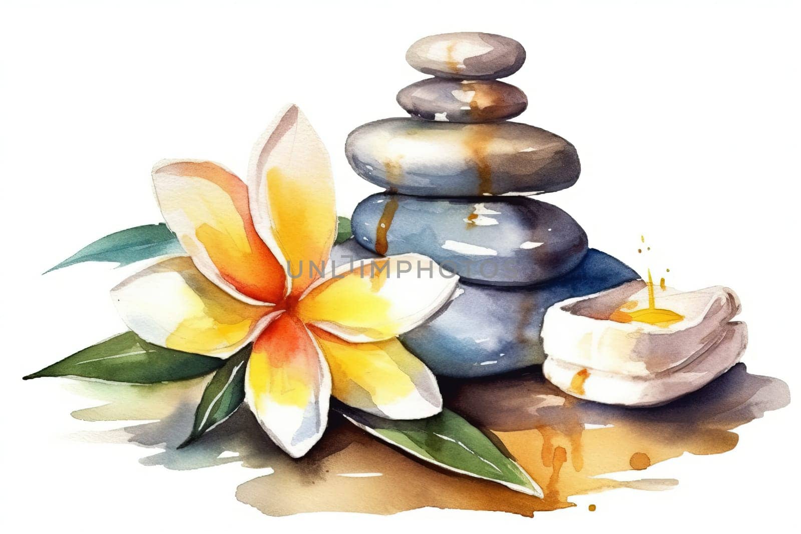 Watercolor Illustration Of Sp Massage Stones With Flowers by GekaSkr