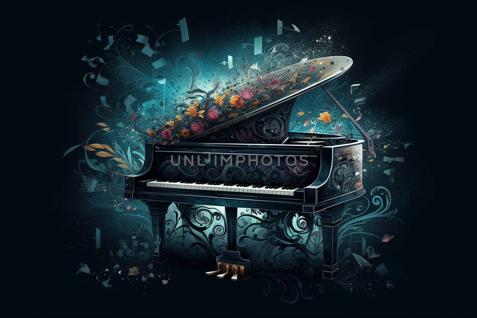 Illustration Of Black Open Piano In Flowers, Classic Music Patterns by GekaSkr