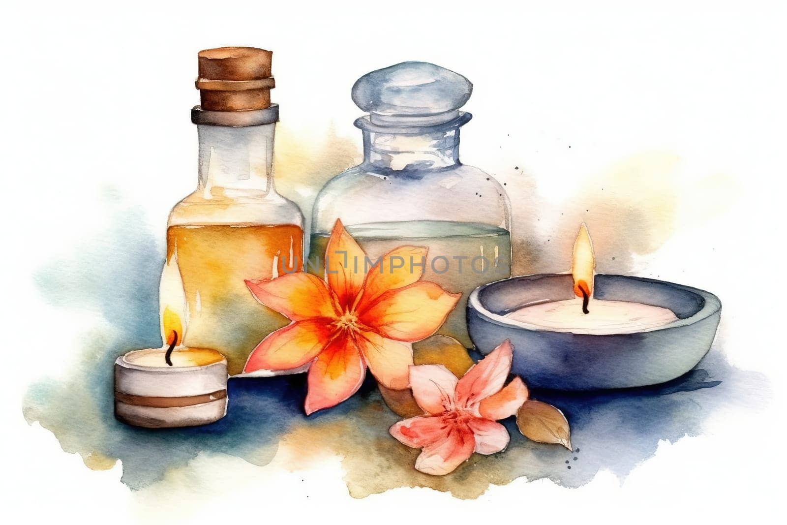 Watercolor Drawing Of Spa Scented Oils With Candles