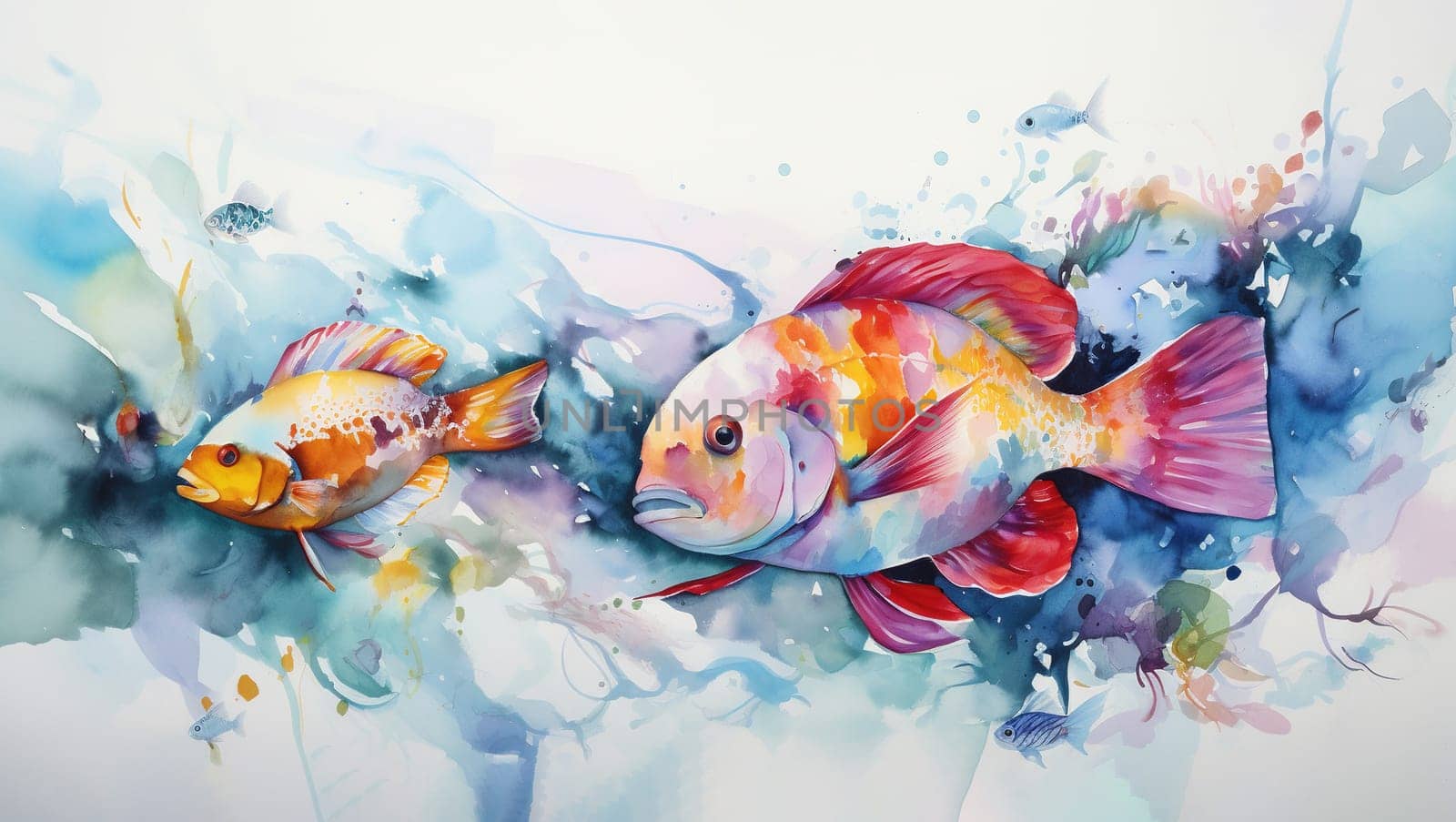 Watercolor Goldfish Swimming in Water by GekaSkr