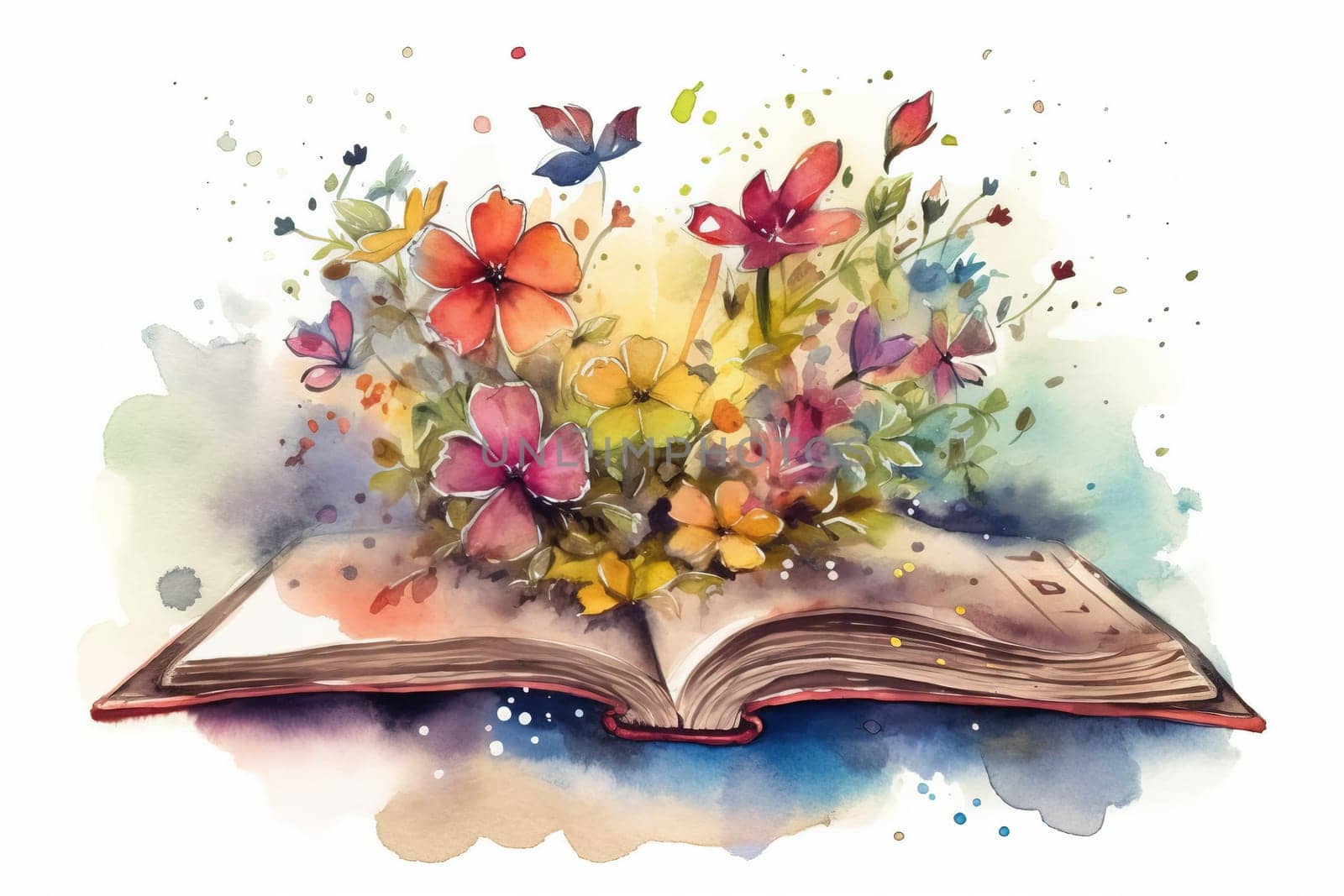 Watercolor Illustration Of Open Magic Book With Colorful Flowers by GekaSkr