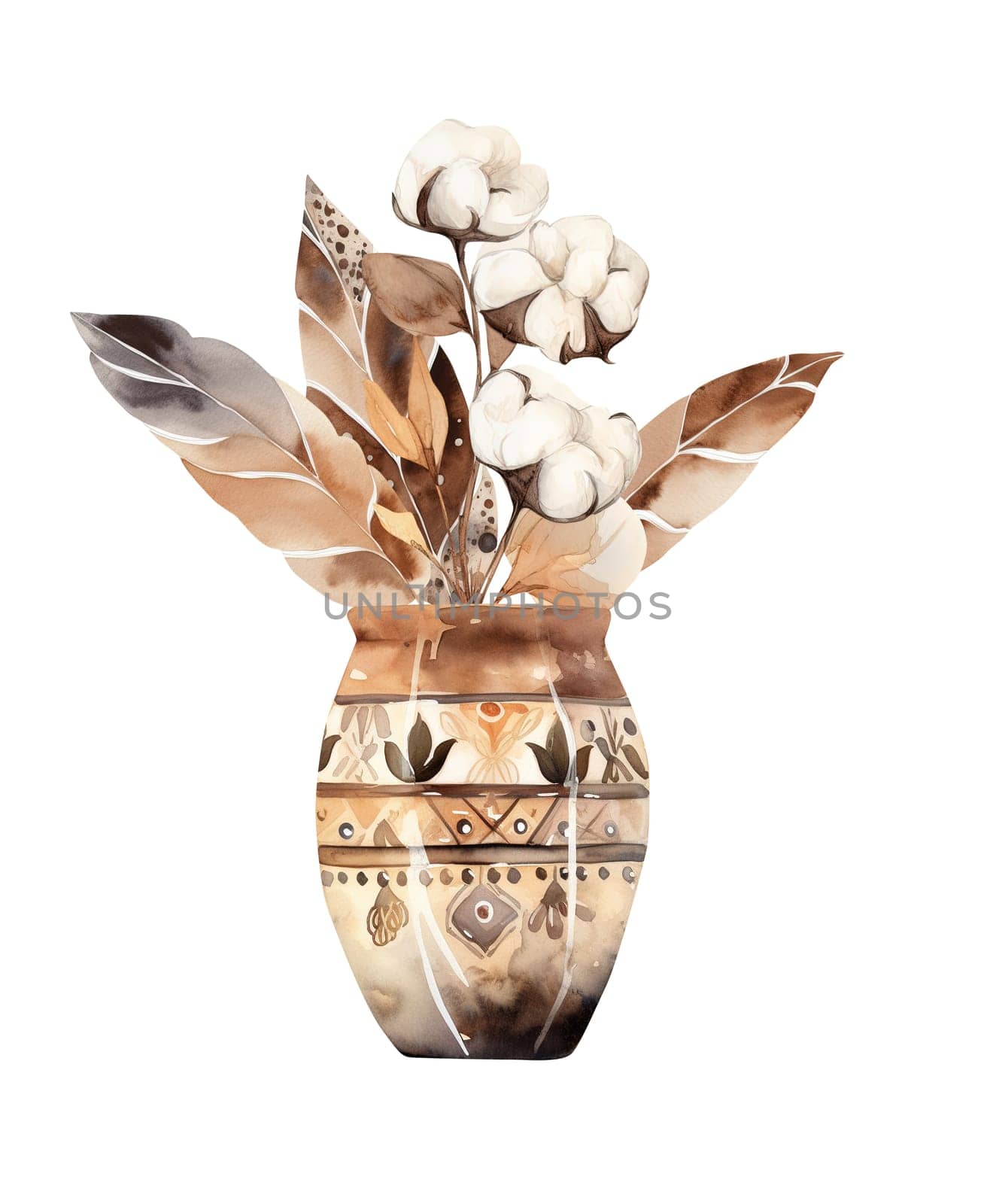 Watercolor Illustration In Boho Style Of Feathers In Vase, Isolated On White Background