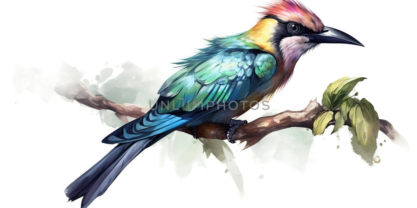 Watercolor Illustration Of Colorful Forest Bird Sitting A Branch by GekaSkr