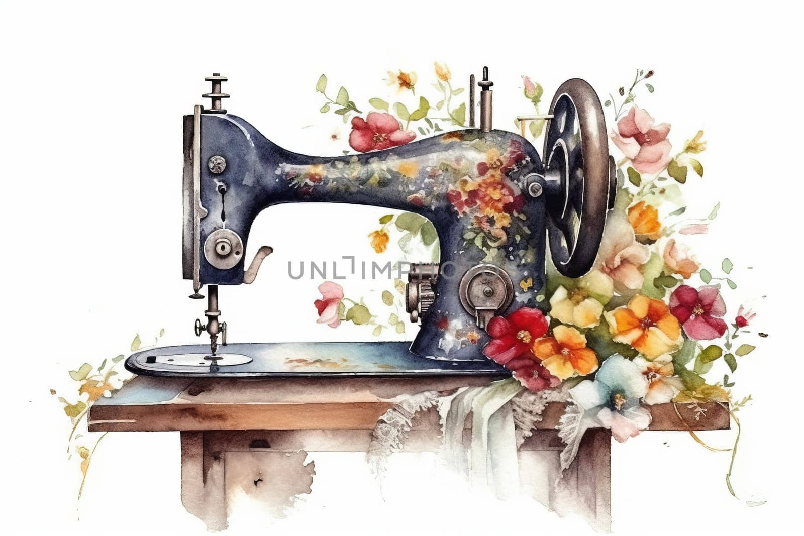 Watercolor Illustration Of Sewing Machine With Colorful Flowers On A White Background by GekaSkr