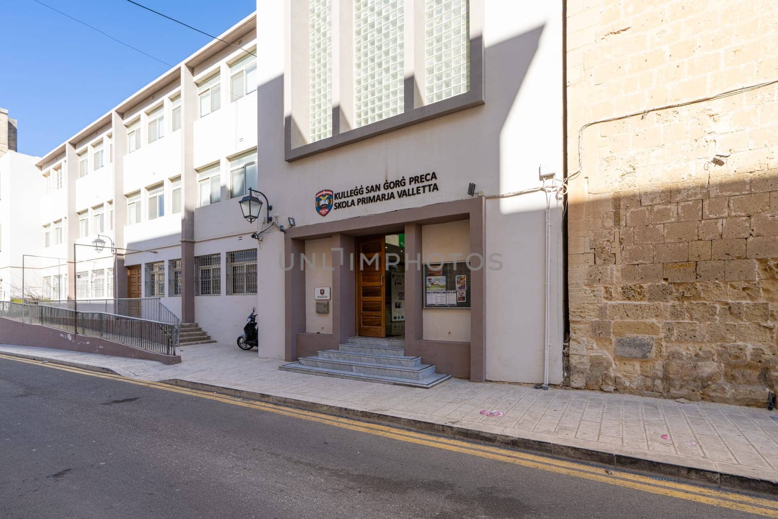 Valletta, Malta, April 03, 2024. Exterior view of primary school building in city centre.