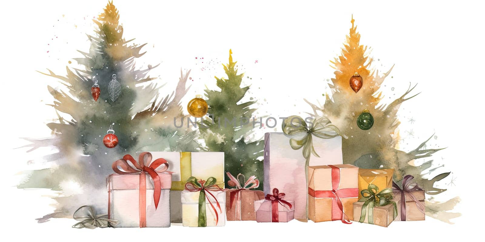 Watercolor Illustration Of Christmas Gifts Under New Year Trees by GekaSkr