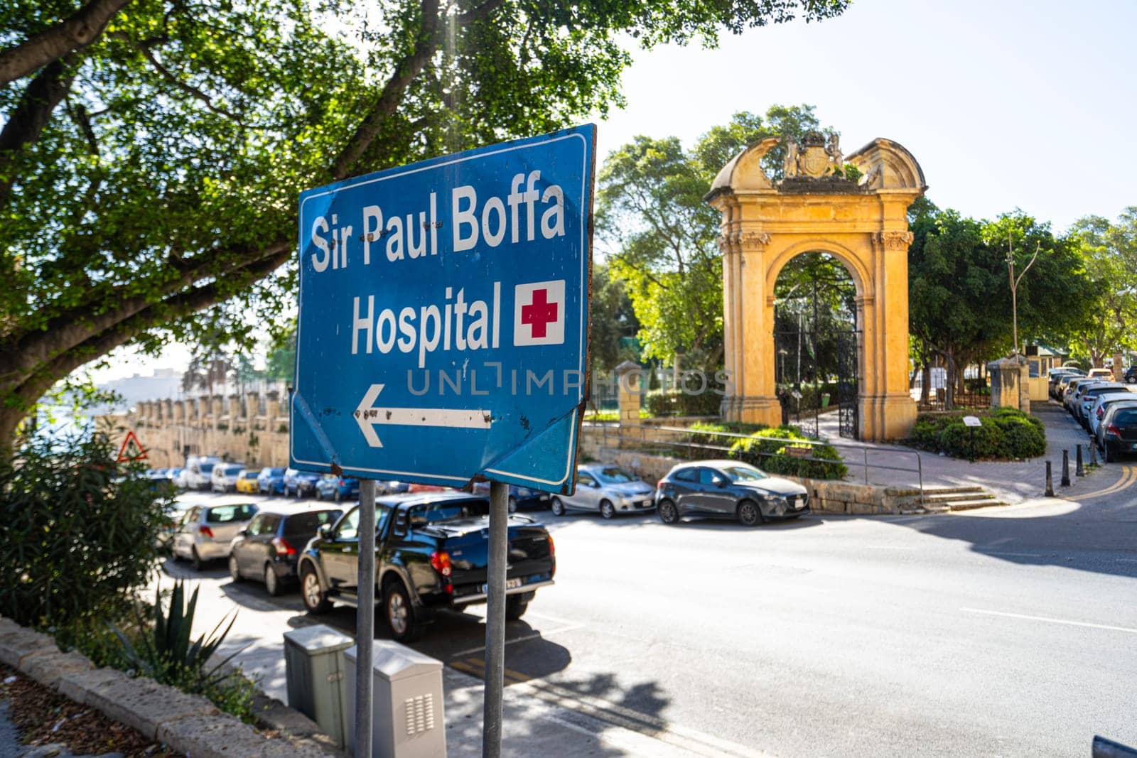 Valletta, Malta, April 03, 2024.  View of the Sir Paul Boffa Hospital sign in the city center