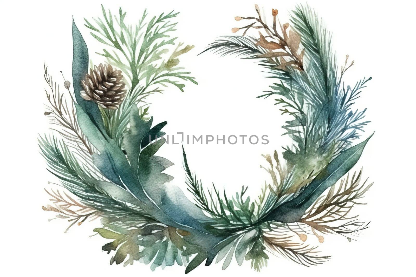 Watercolor Illustration Of Floral Green Pattern Wreath With Conifer Needles And Cones by GekaSkr