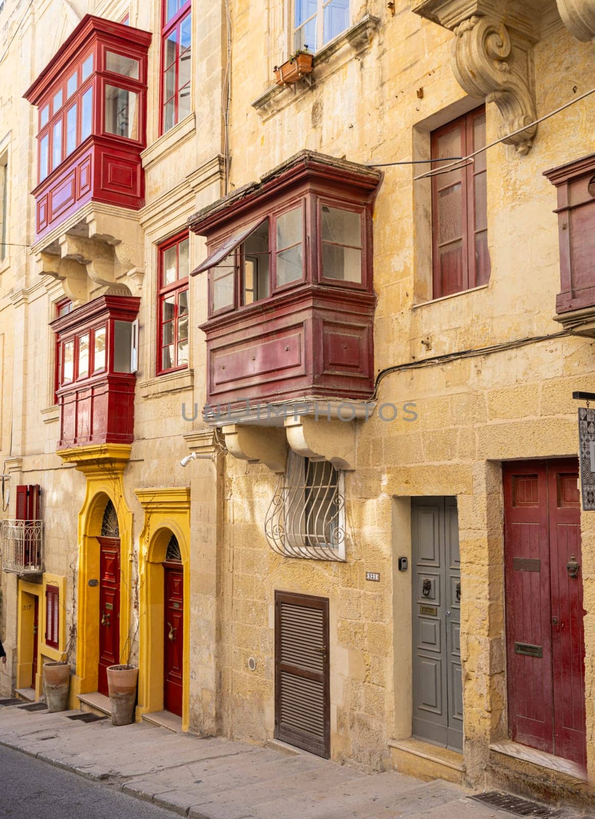 Valletta, Malta, April 03, 2024. view of the typical wooden balconies in the old buildings in the city center