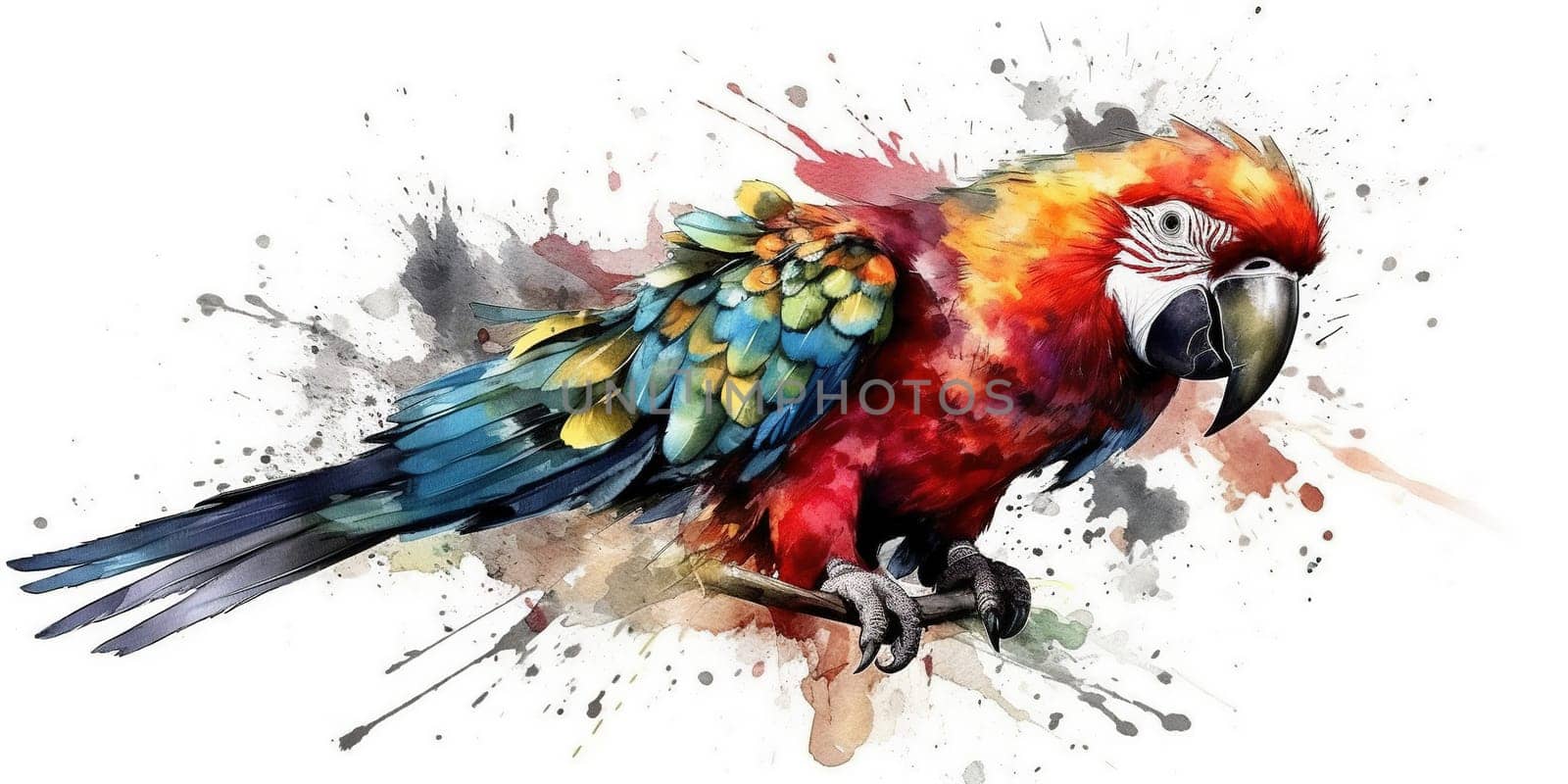 Watercolor Painting Of A Vibrant Parrot Perched On A Branch With Paint Splatters And Splashes On A White Background