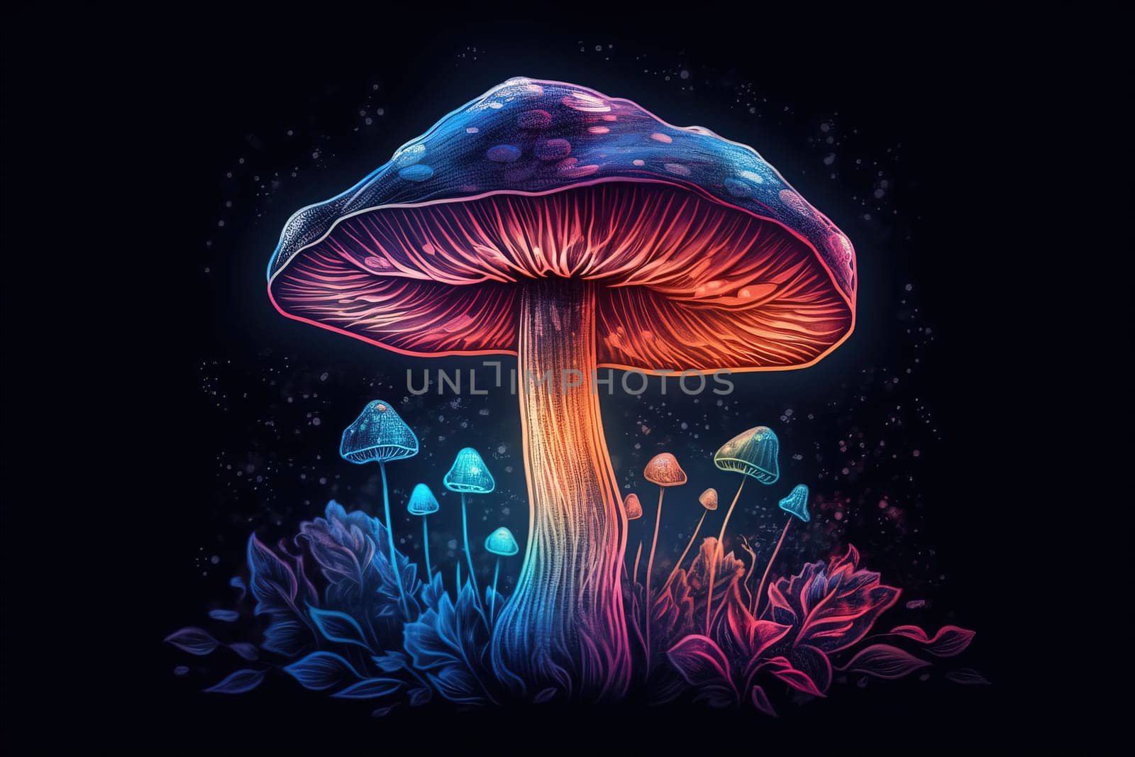 Neon Drawing Of A Large Magic Mushroom