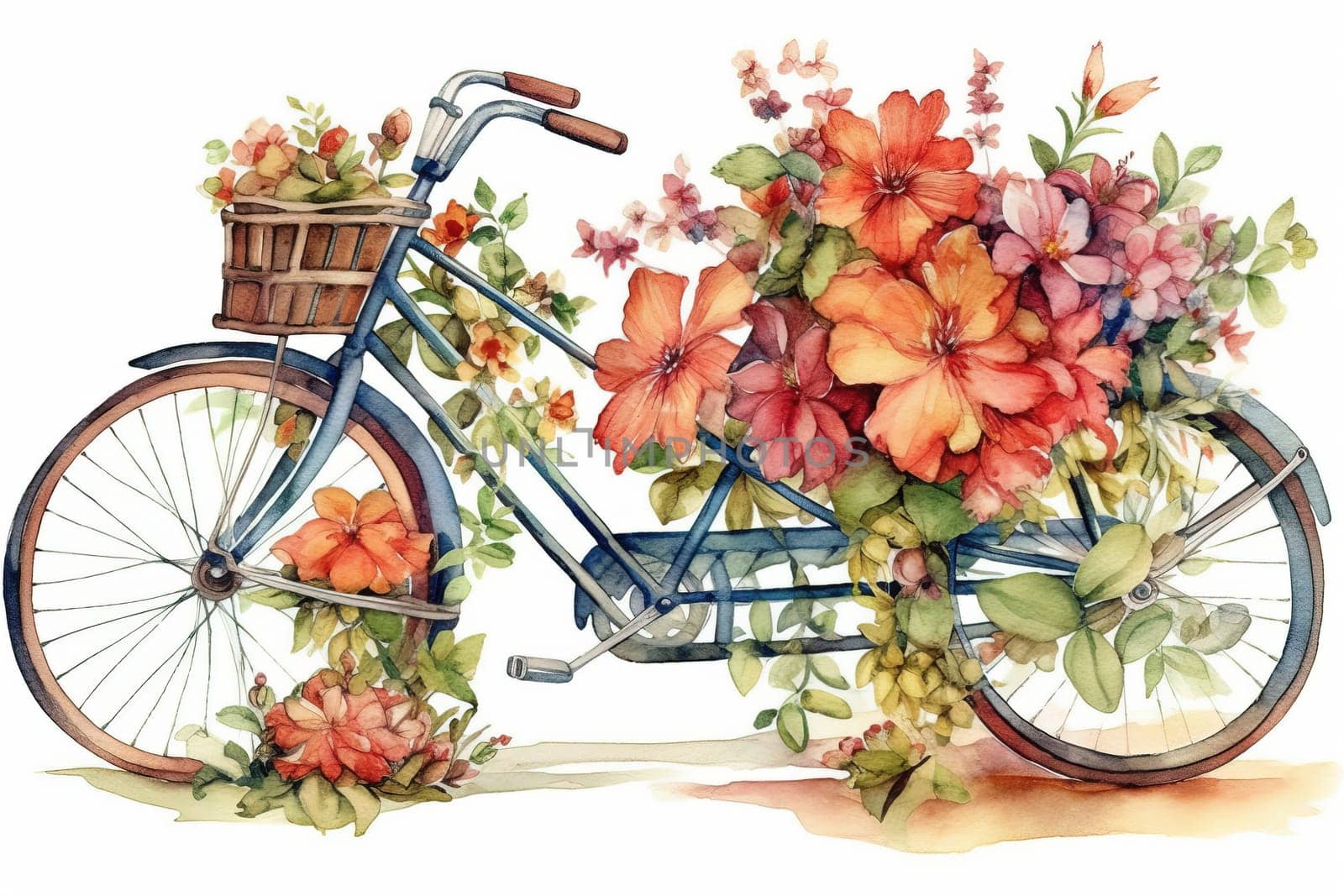 Watercolor Illustration Of Retro Bike In Colorful Flowers On A White Background by GekaSkr